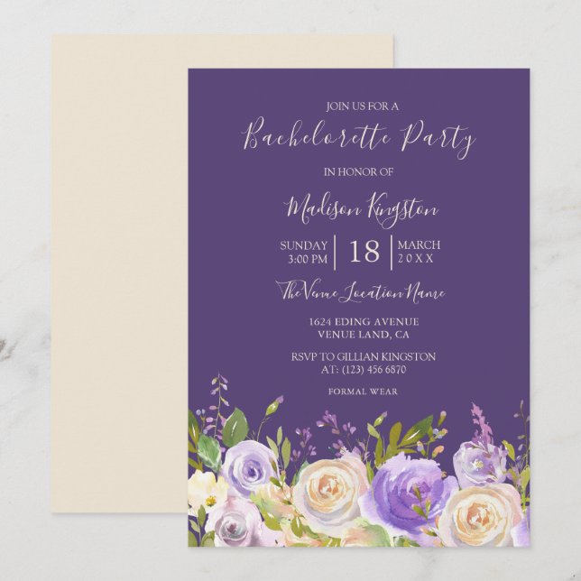 Champagne Rose Purple Flowers Bachelorette Party Invitation (Front/Back)