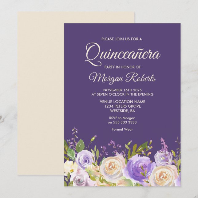 Champagne Rose Purple Flowers Quinceanera Party Invitation (Front/Back)