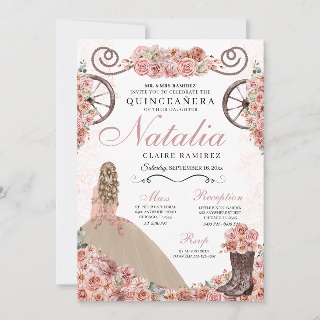Champagne Rose Ranchero Princess Dress Quinceanera Invitation (Front)