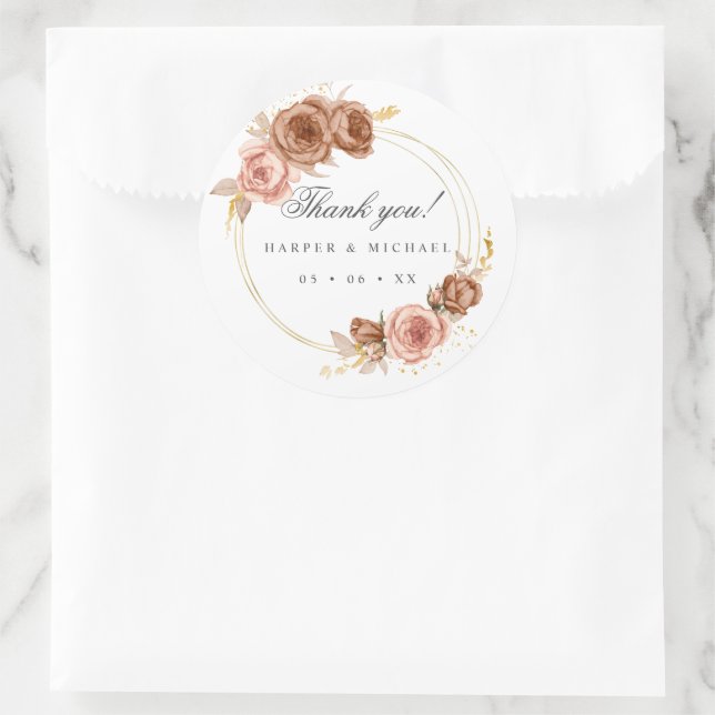 champagne roses blush pink wedding thank you classic round sticker (Bag)
