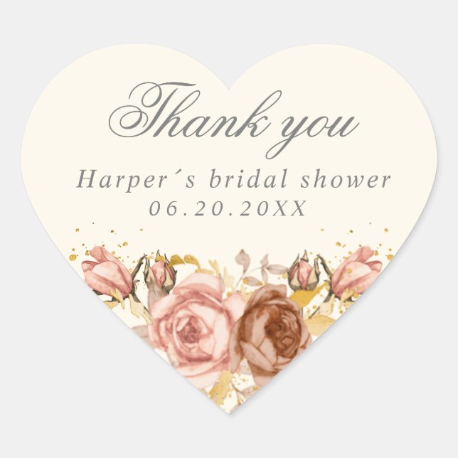 Champagne roses bridal shower thank you heart sticker (Front)