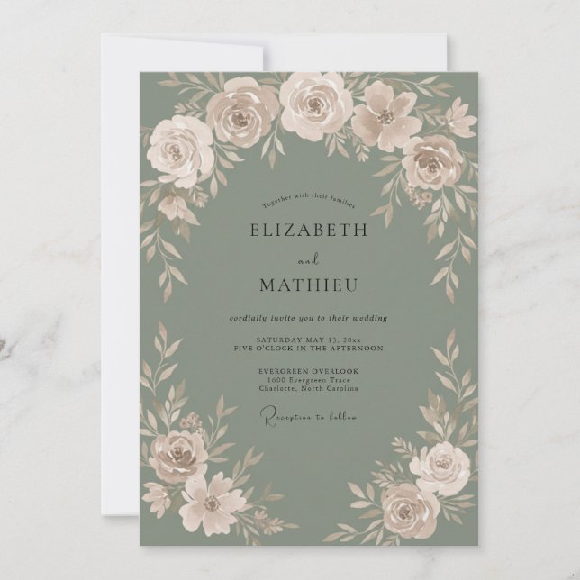 Champagne Sage Ranunculus Eucalyptus Wedding Invitation (Front)