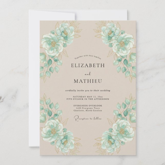 Champagne Seafoam Blossom Wedding Invitation (Front)