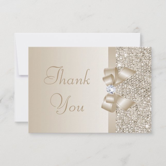 Champagne Sequins, Bow & Diamond Thank You Card (Front)