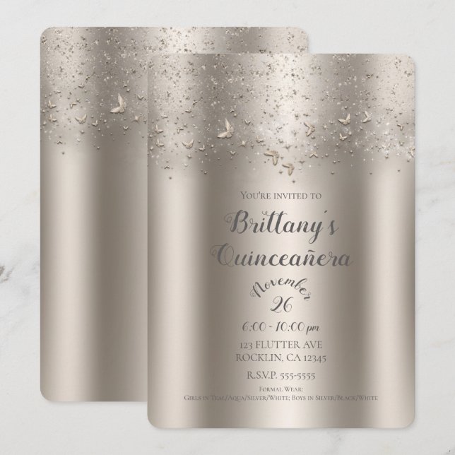 Champagne Shimmer Flutter Butterfly Quinceañera Invitation (Front/Back)