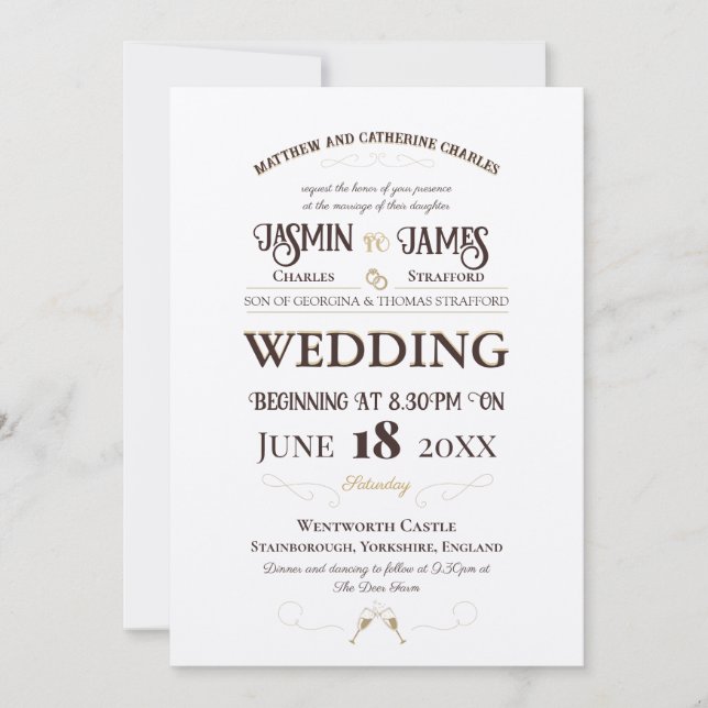 Champagne Shimmer Heritage Font Wedding Invitation (Front)