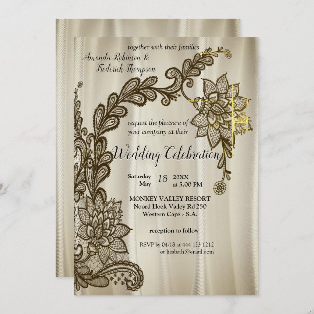  Champagne Silk with Gold Lace Invitation (Front/Back)