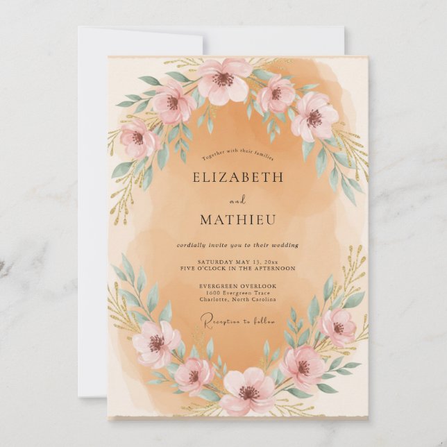 Champagne Soft Gold Wreath Wedding Invitation (Front)