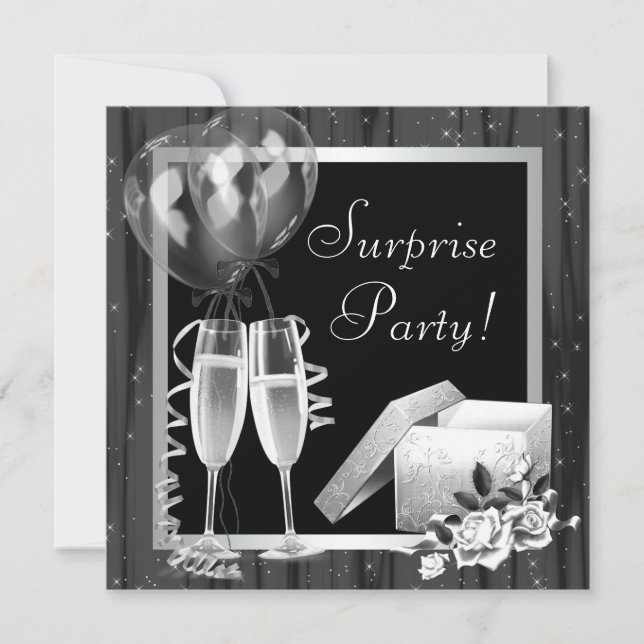 Champagne Sparkles Black White Surprise Party Invitation (Front)