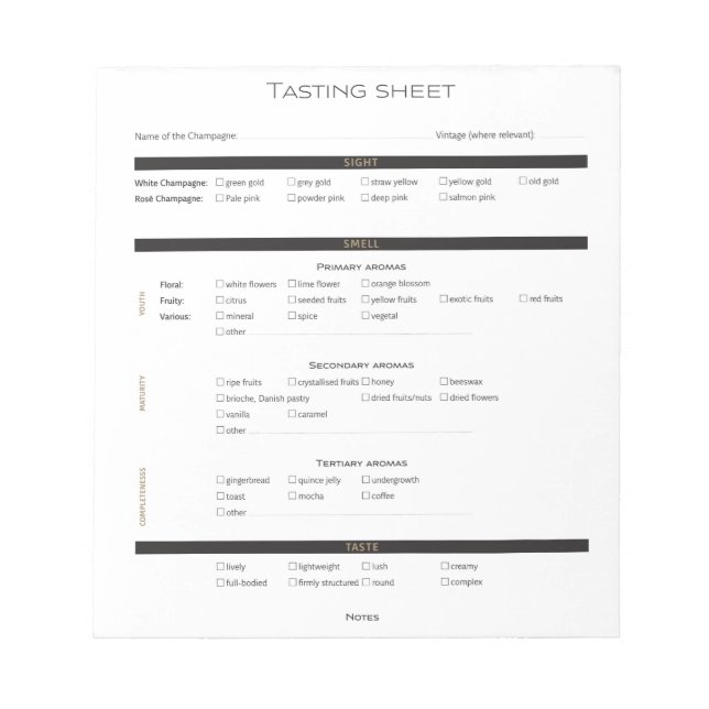Champagne & Sparkling Wine Deductive Tasting Sheet Notepad (Front)