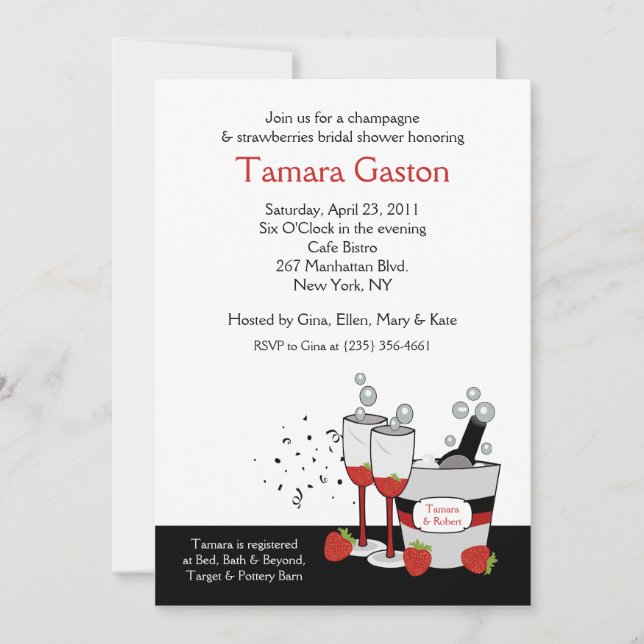 Champagne & Strawberries 5x7 Bridal Shower Invite (Front)