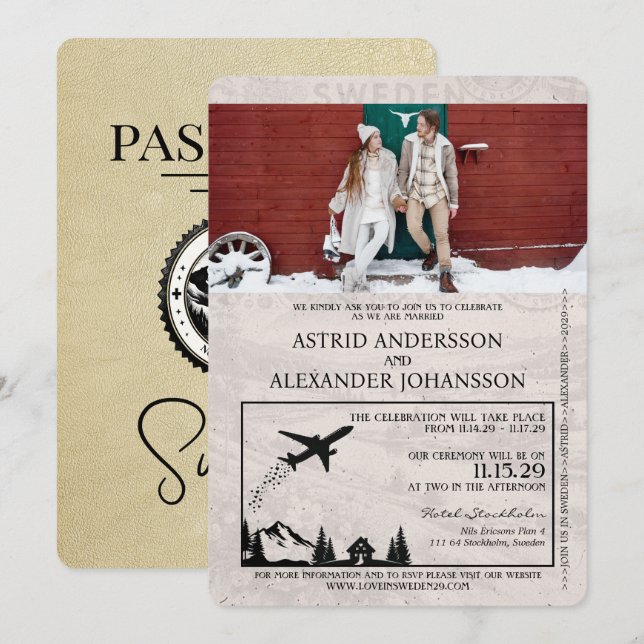 Champagne Sweden Passport Wedding Invitation (Front/Back)