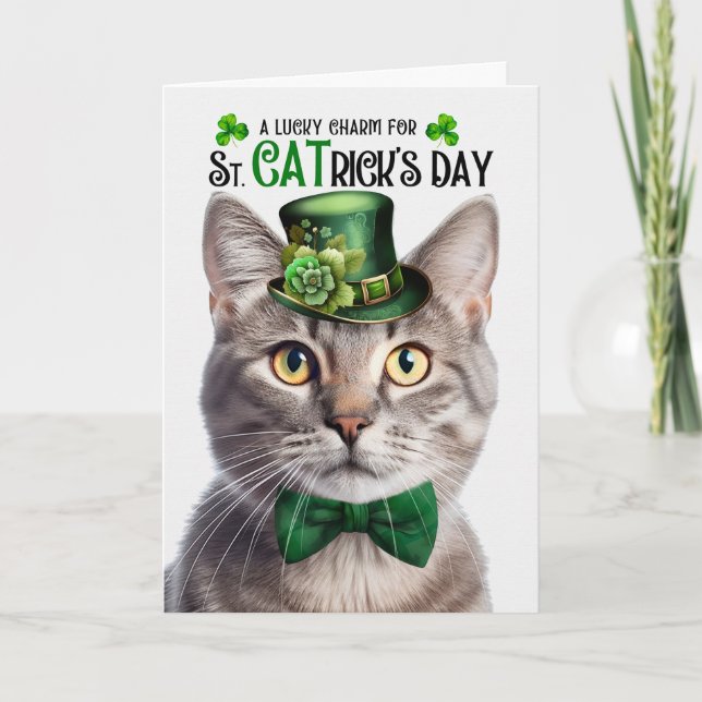 Champagne Tabby Cat St CATrick's Day Lucky Charm Holiday Card (Front)