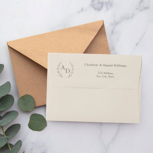 Champagne taupe monogram wreath return address envelope