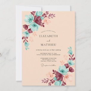 Champagne Teal Blossom Wedding Invitation