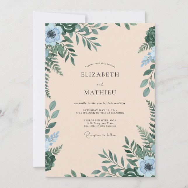 Champagne Teal Foliage Eucalyptus Wedding Invitation (Front)