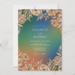 Champagne Teal Leaf Wedding Invitation