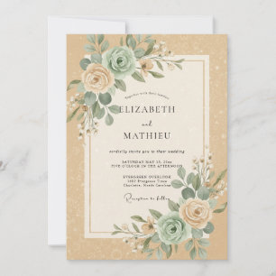 Champagne Teal Ranunculus Eucalyptus Wedding Invitation