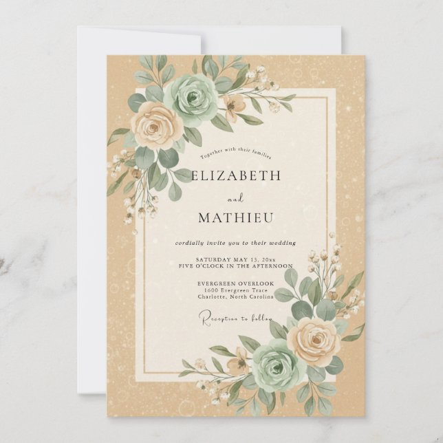 Champagne Teal Ranunculus Eucalyptus Wedding Invitation (Front)