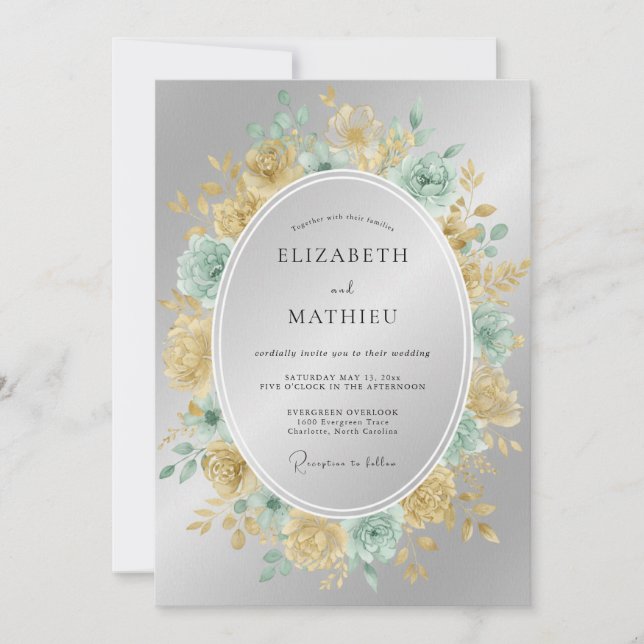 Champagne Teal Wreath Wedding Invitation (Front)
