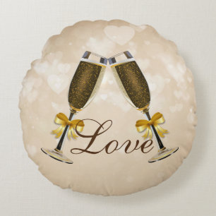 Champagne Toast Cream Hearts Round Cushion