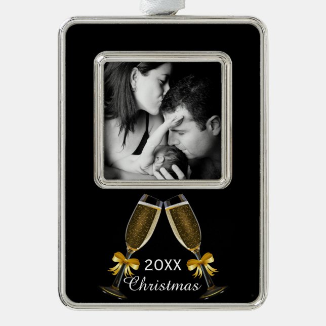 Champagne Toast Elegant Custom Photo Silver Plated Framed Ornament (Front)