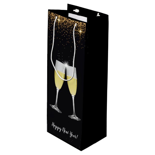 Champagne Toast Glitter New Year's Eve Party Wine Gift Bag (Front Angled)