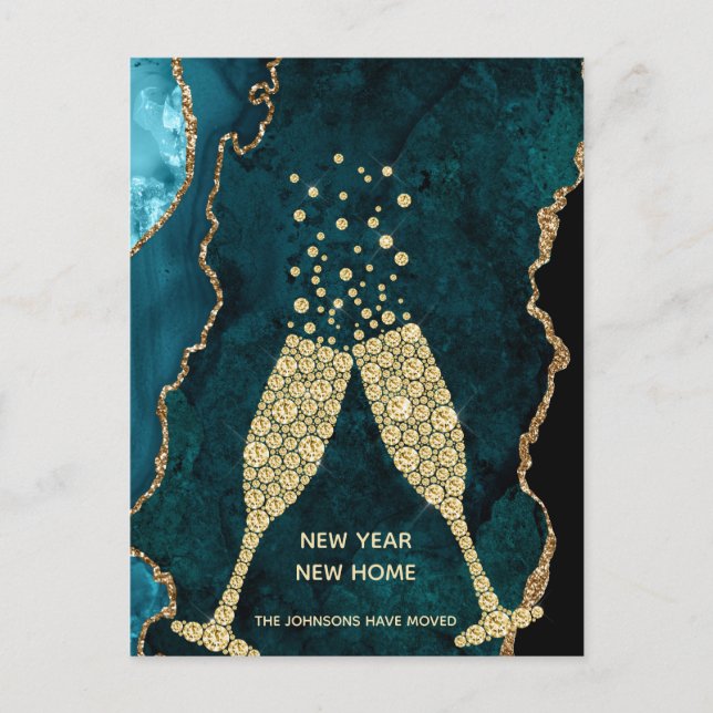 Champagne Toast New Year New Home Teal Gold Holiday Postcard (Front)