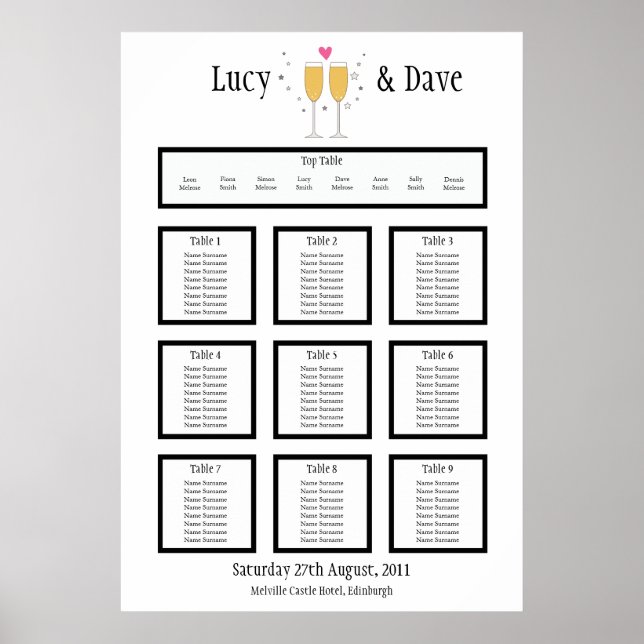 Champagne Toast Wedding Table Seating Plan Poster (Front)
