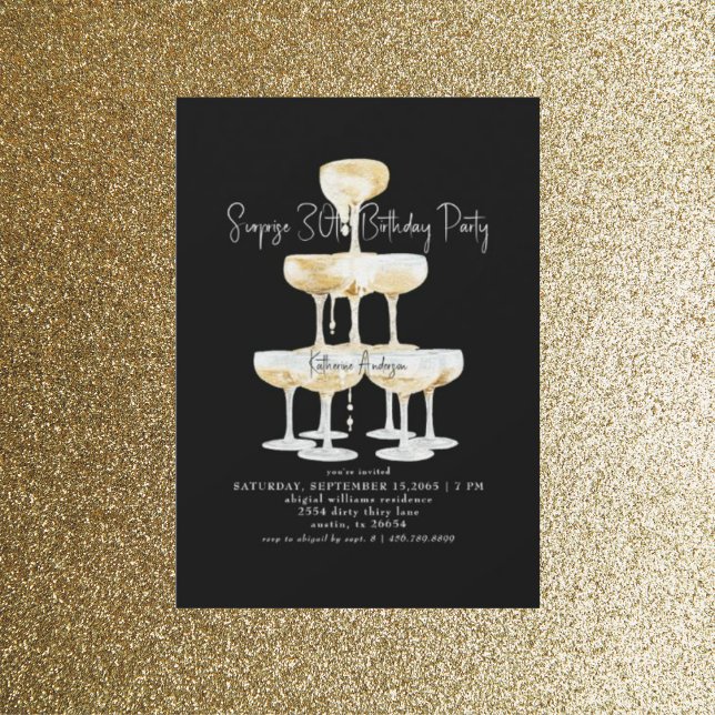 Champagne Tower Black Surprise 30th Birthday Party Invitation (Creator Uploaded)