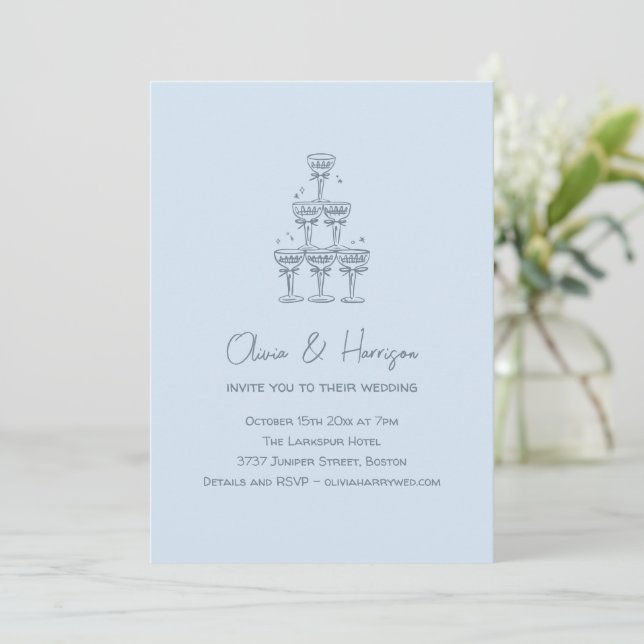 Champagne Tower Doodle Cool Blue Wedding Invitation (Standing Front)