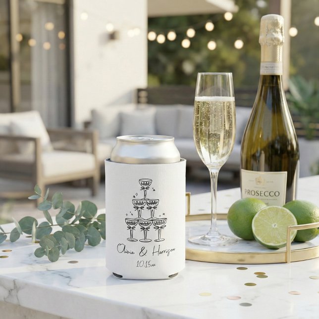 Champagne Tower Doodle Custom Name Wedding Can Cooler (Creator Uploaded)