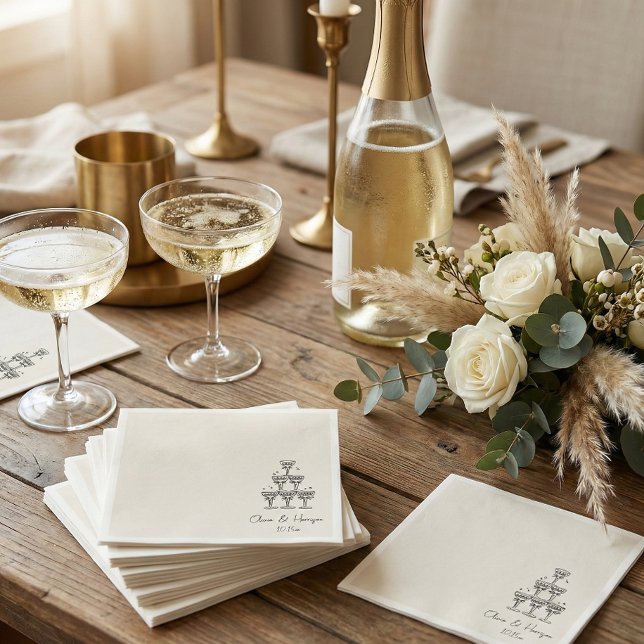 Champagne Tower Doodle Custom Name Wedding Napkin (Creator Uploaded)