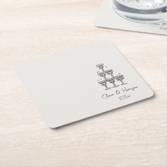 Champagne Tower Doodle Custom Name Wedding Square Paper Coaster (Angled)