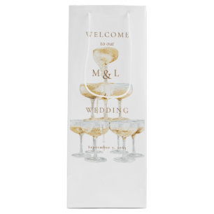 Champagne Tower Gold Monogram Wedding Welcome Wine Gift Bag