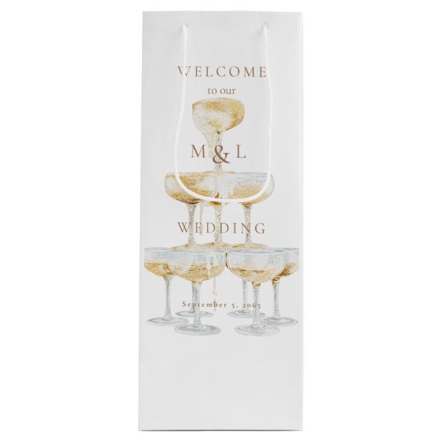 Champagne Tower Gold Monogram Wedding Welcome Wine Gift Bag (Front)
