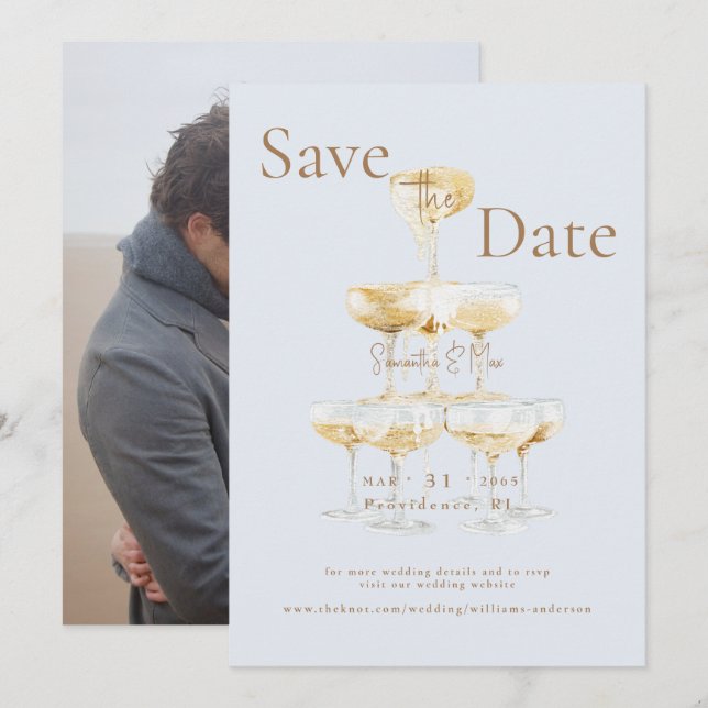 Champagne Tower Icy Blue Photo Save the Date (Front/Back)