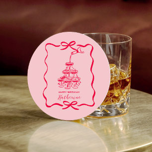 Champagne Tower Pink Hand Drawn Doodles Birthday Round Paper Coaster