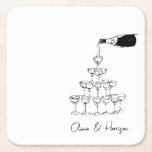 Champagne Tower Sketch Custom Name Wedding Square Paper Coaster<br><div class="desc">Set a celebratory tone with these minimalist wedding coasters featuring a hand-drawn champagne tower and flowing bottle illustration. Perfect for cocktail hour, welcome parties, or reception toasts, this modern black and white design can be customised with names or event details. A chic and festive touch for couples who love clean,...</div>