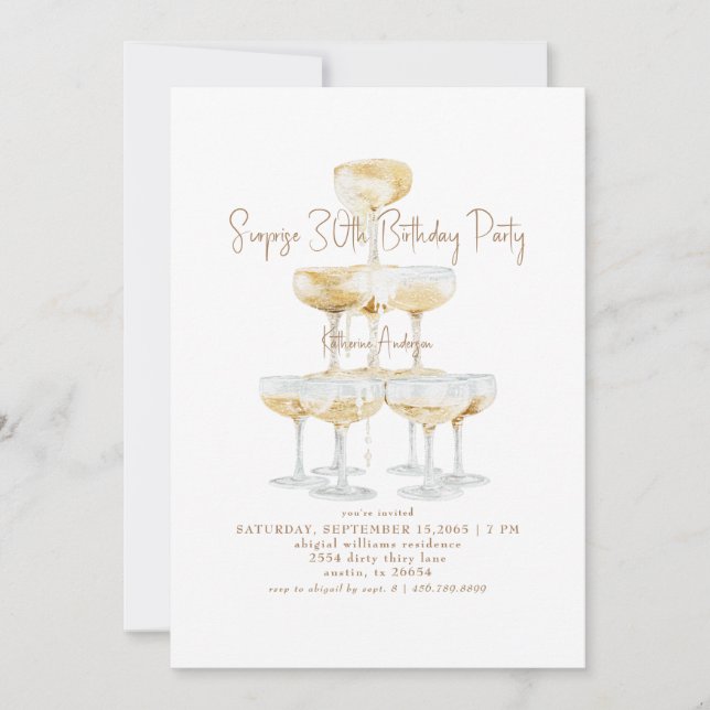 Champagne Tower Surprise 30th Birthday Party Invitation (Front)