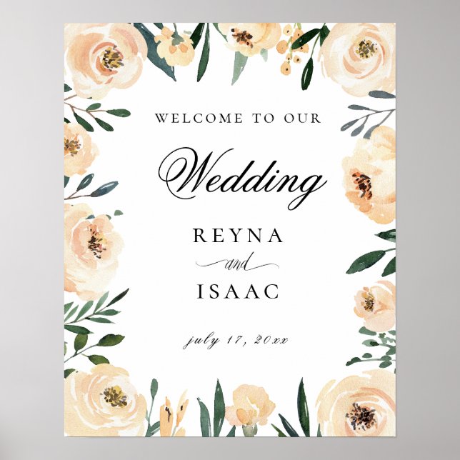 Champagne Watercolor Floral Design Wedding Welcome Poster (Front)