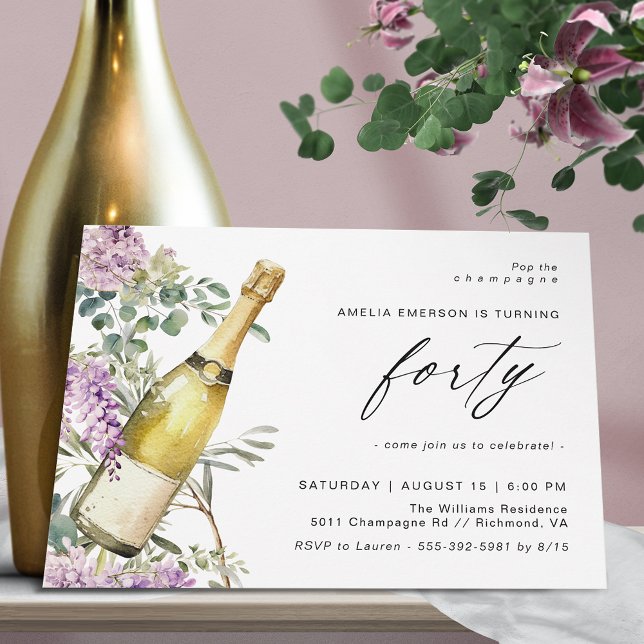 Champagne Watercolor | Fun Elegant 40th Birthday Invitation (Creator Uploaded)