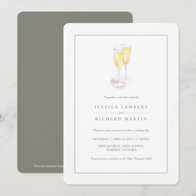 Champagne watercolor glasses wedding invitations (Front/Back)