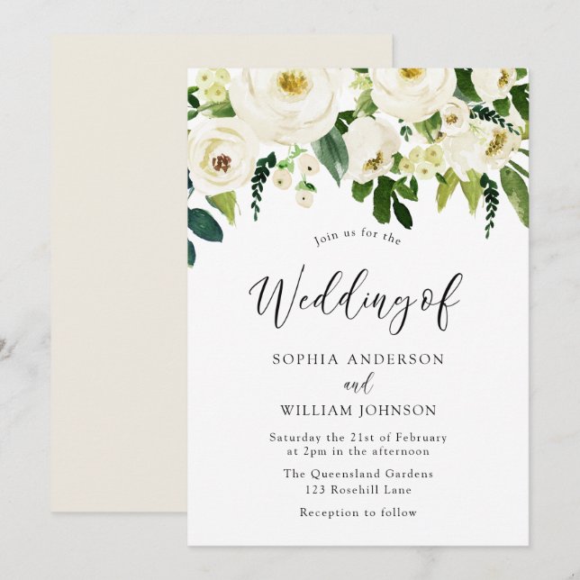 Champagne White Blooming Flowers Wedding Invitation (Front/Back)