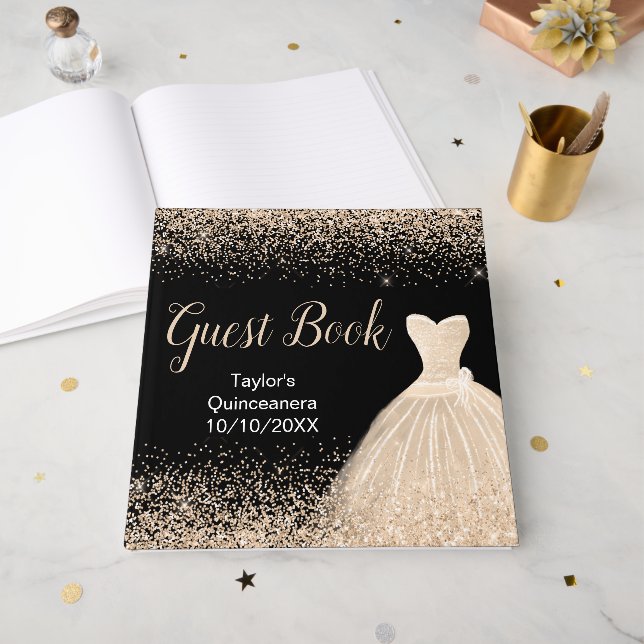 Champagne White Dress Faux Glitter Quinceanera Guest Book (Front Open)