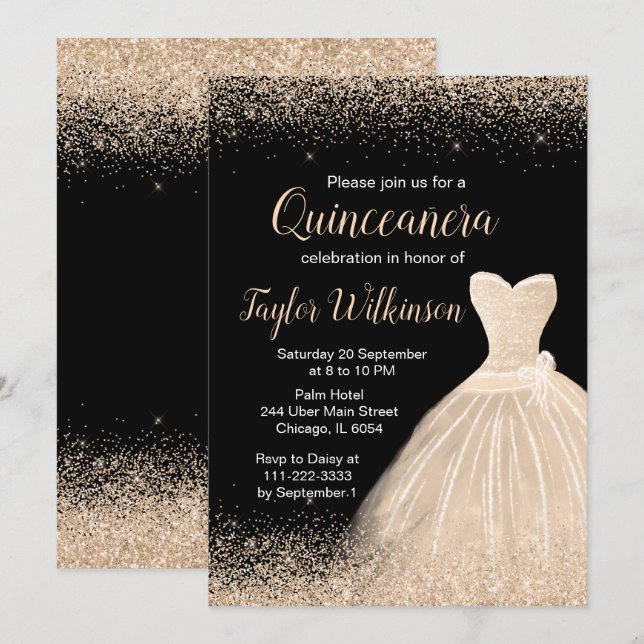 Champagne White Dress Faux Glitter Quinceanera Invitation (Front/Back)