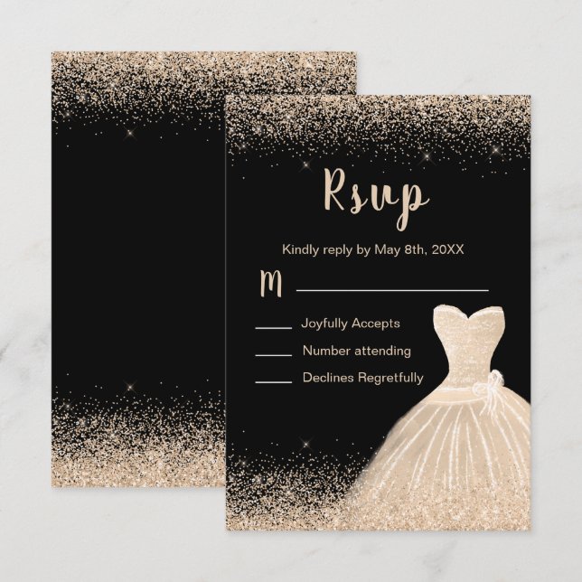 Champagne White Dress Faux Glitter Quinceanera RSVP Card (Front/Back)