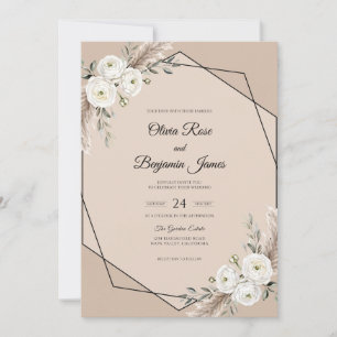 Champagne White Flower Eucalyptus Wedding Invitation