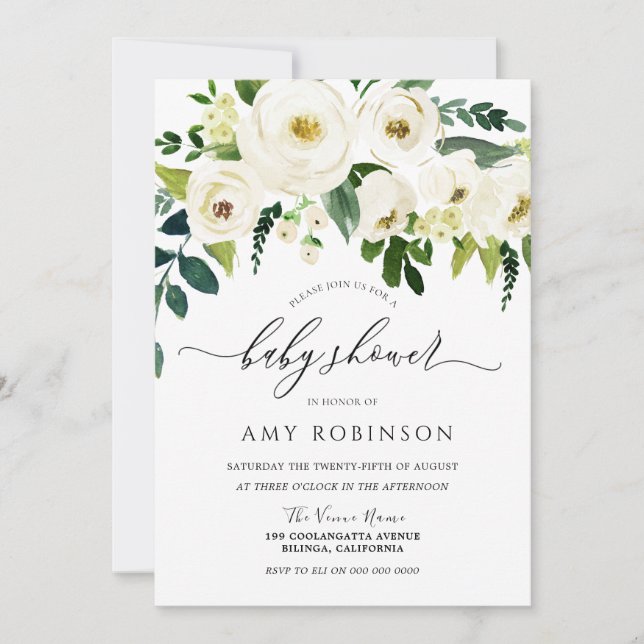 Champagne White Flowers Elegant Baby Shower Invitation (Front)