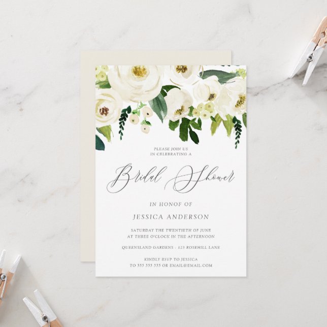 Champagne White Flowers Elegant Bridal Shower Invitation (Front/Back In Situ)